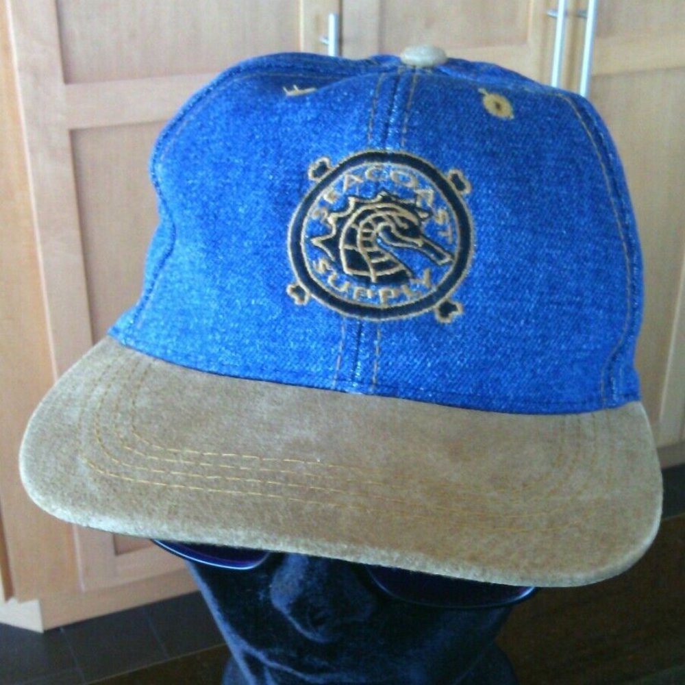 Seacoast Supply Baseball Cap Hat Ships Wheel Logo Blue Denim Suede Boats Fish
